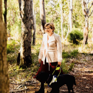 Colleen walking through the bush with Rhian in harness. Colleen walking through the bush with Rhian in harness.